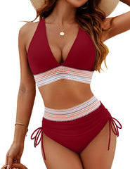 Bikini femme – Taille haute – Bretelles réglables – Contrôle du ventre – Détails noués