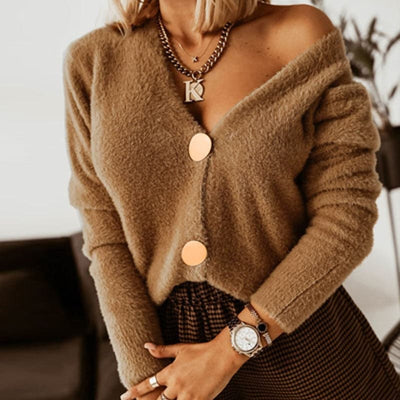 Gilet Femme – Maille Douce – Coupe Décontractée – Boutons Oversize – Col V Profond