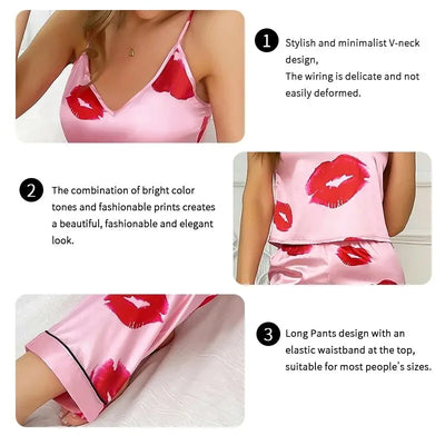 Rhea - Pyjama élégant en satin avec imprimé lèvres pour femmes