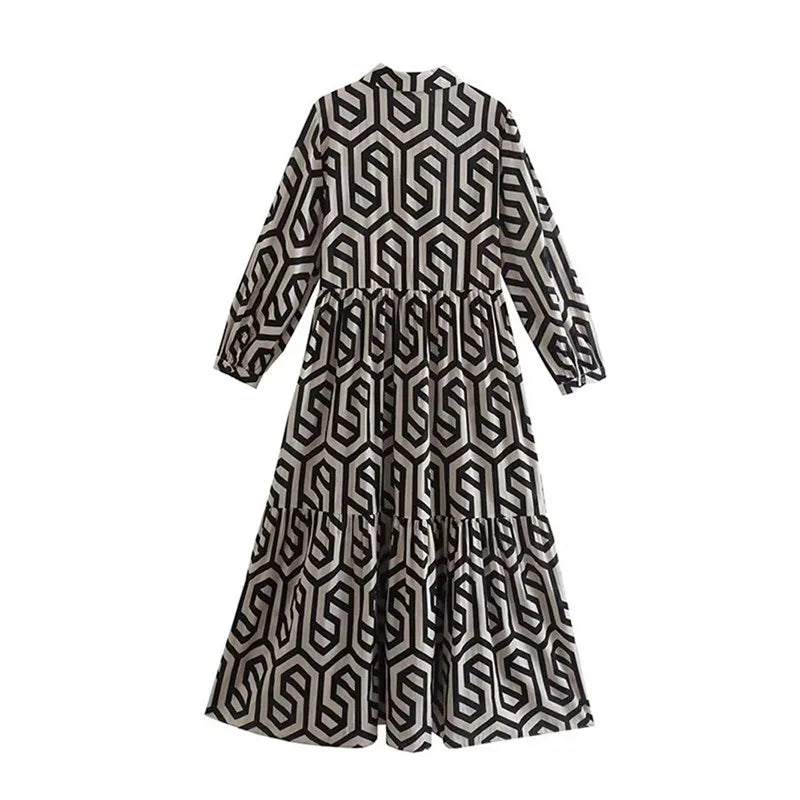 Robe femme longue – Manches longues – Coupe ample – Motif géométrique – Tissu respirant