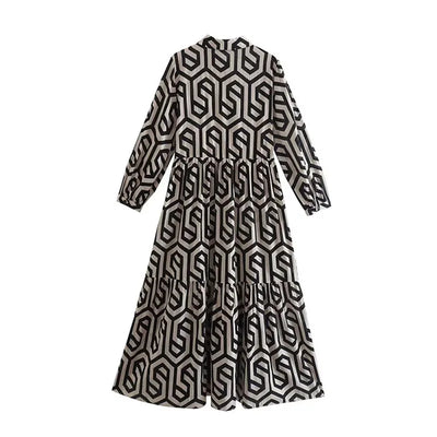 Robe femme longue – Manches longues – Coupe ample – Motif géométrique – Tissu respirant