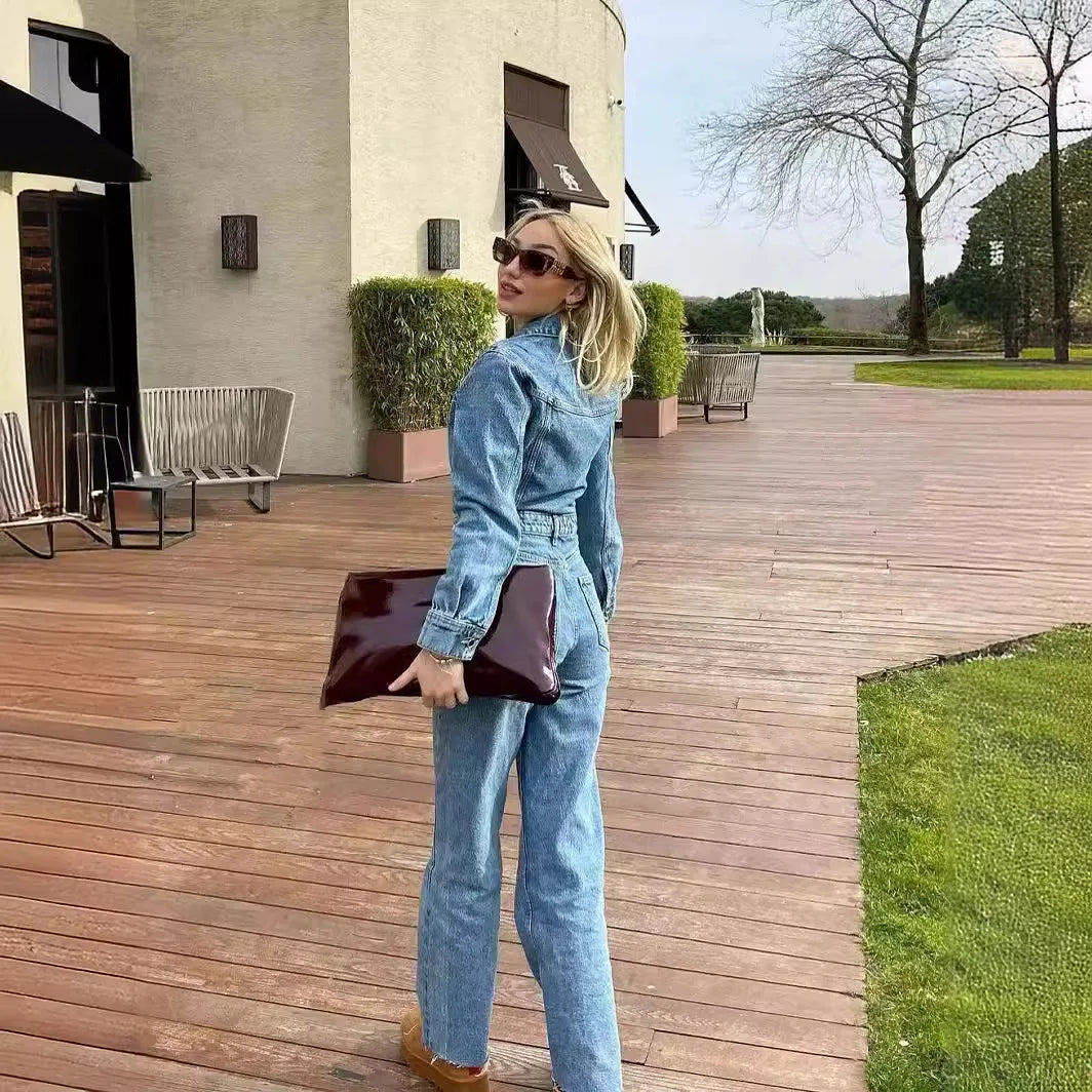 Livia| Combinaison Femme Manches Longues Taille Haute Denim