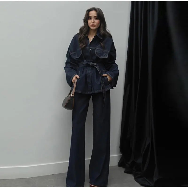 Charlotte| Ensemble de Veste en Jean de Rue et Pantalons pour Femmes avec Ceinture