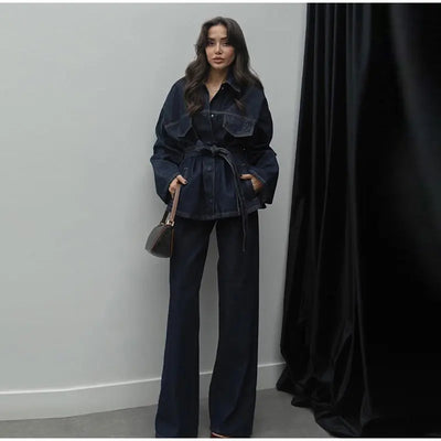 Charlotte| Ensemble de Veste en Jean de Rue et Pantalons pour Femmes avec Ceinture
