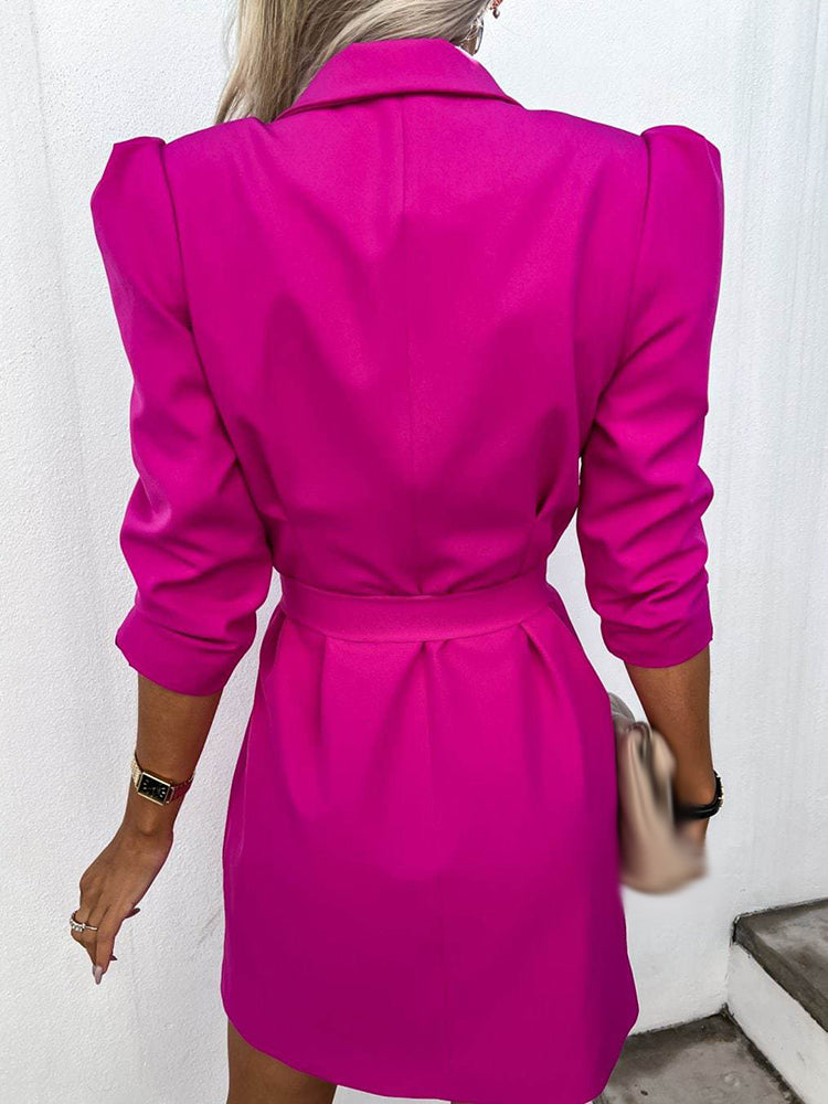Robe Blazer Femme – Coupe Cintrée – Double Boutonnage – Ceinture à Boucle – Manches 3/4
