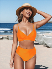 Maillot de bain femme – Bikini taille haute – Décolleté en V – Tissu doux extensible