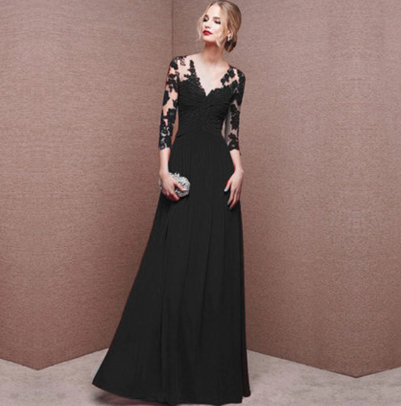 Robe longue femme – Dentelle élégante – Taille froncée – Manches longues – Décolleté V