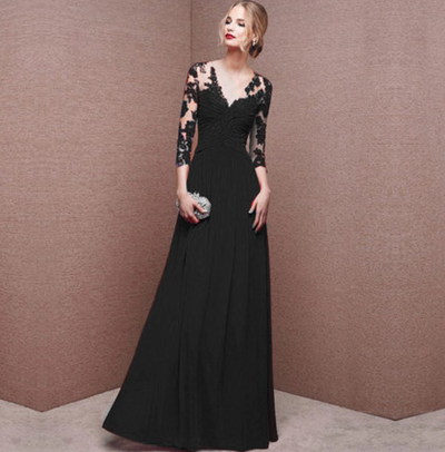 Robe longue femme – Dentelle élégante – Taille froncée – Manches longues – Décolleté V