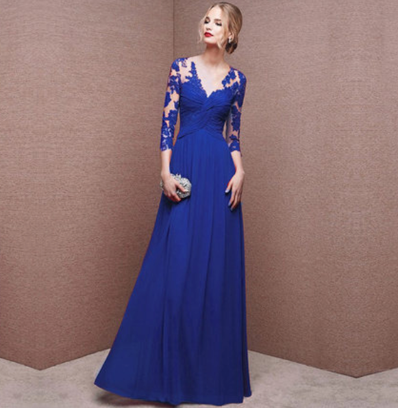Robe longue femme – Dentelle élégante – Taille froncée – Manches longues – Décolleté V