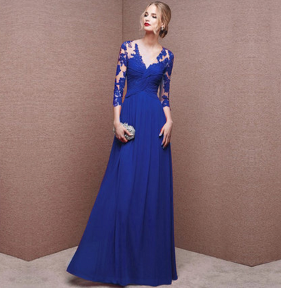 Robe longue femme – Dentelle élégante – Taille froncée – Manches longues – Décolleté V