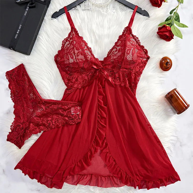Nuisette femme – Décolleté en dentelle – Tissu fluide semi-transparent – Coupe ajustée