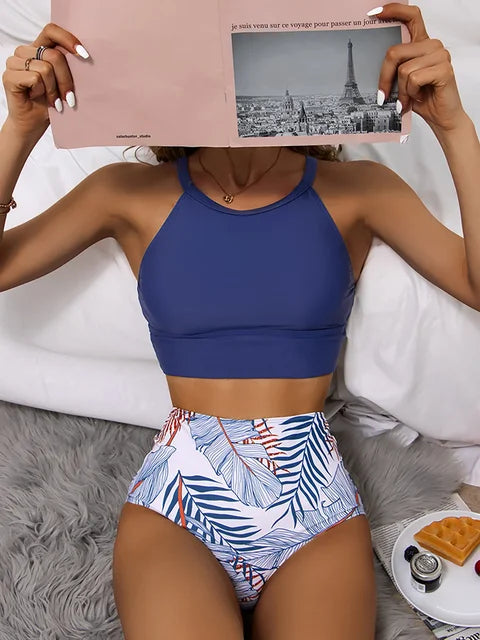 Bikini femme – Haut ras du cou sport – Bas taille haute – Coupe gainante extensible