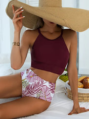 Bikini femme – Haut ras du cou sport – Bas taille haute – Coupe gainante extensible