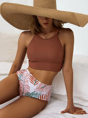 Bikini femme – Haut ras du cou sport – Bas taille haute – Coupe gainante extensible
