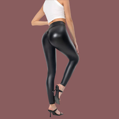 Pantalon femme – Similicuir lisse – Coupe slim – Taille lisse – Fermeture zippée devant