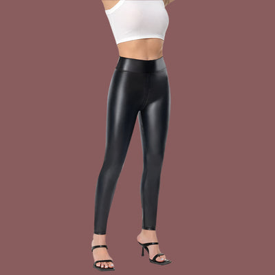 Pantalon femme – Similicuir lisse – Coupe slim – Taille lisse – Fermeture zippée devant