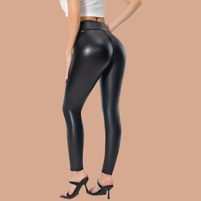 Pantalon femme – Similicuir lisse – Coupe slim – Taille lisse – Fermeture zippée devant