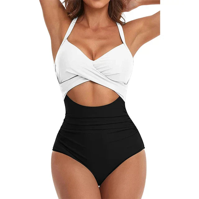 Maillot de bain une pièce femme – Coupe ajustée – Décolleté croisé – Taille ajourée – Motif fleuri