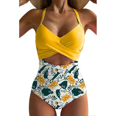 Maillot de bain une pièce femme – Coupe ajustée – Décolleté croisé – Taille ajourée – Motif fleuri