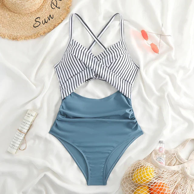 Maillot de bain une pièce femme – Coupe ajustée – Décolleté croisé – Taille ajourée – Motif fleuri