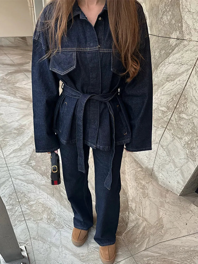 Charlotte| Ensemble de Veste en Jean de Rue et Pantalons pour Femmes avec Ceinture
