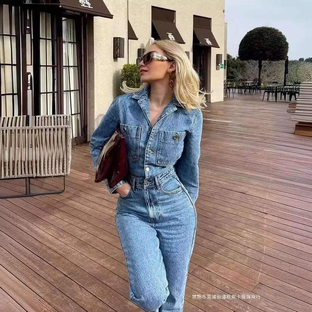 Livia| Combinaison Femme Manches Longues Taille Haute Denim
