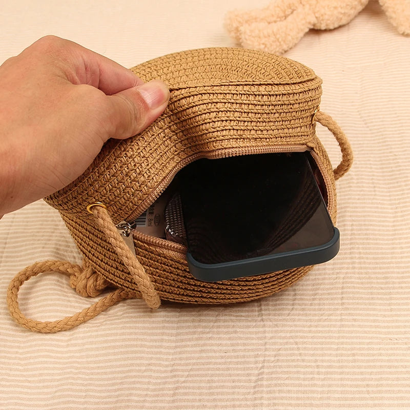 Élégant sac à bandoulière rond tissé à la main avec fermeture à glissière pratique