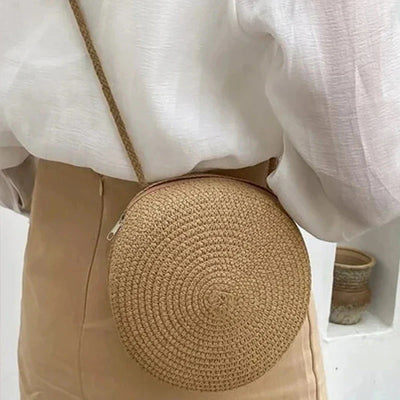 Élégant sac à bandoulière rond tissé à la main avec fermeture à glissière pratique