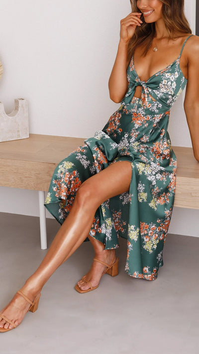 Myla | Robe mi-longue à fleurs en satin à coupe décolletée