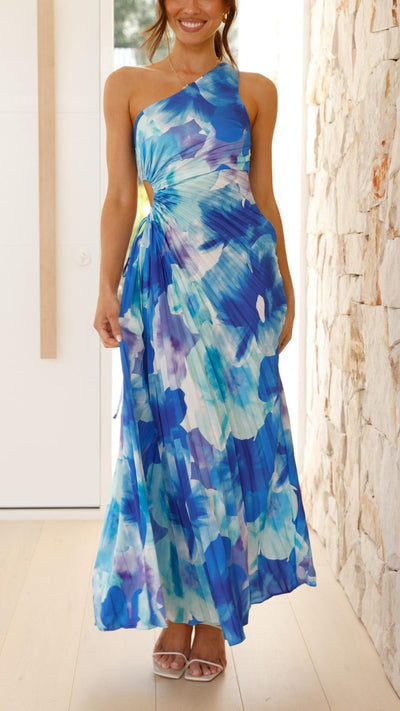 Madison | Robe longue plissée à fleurs avec une seule épaule