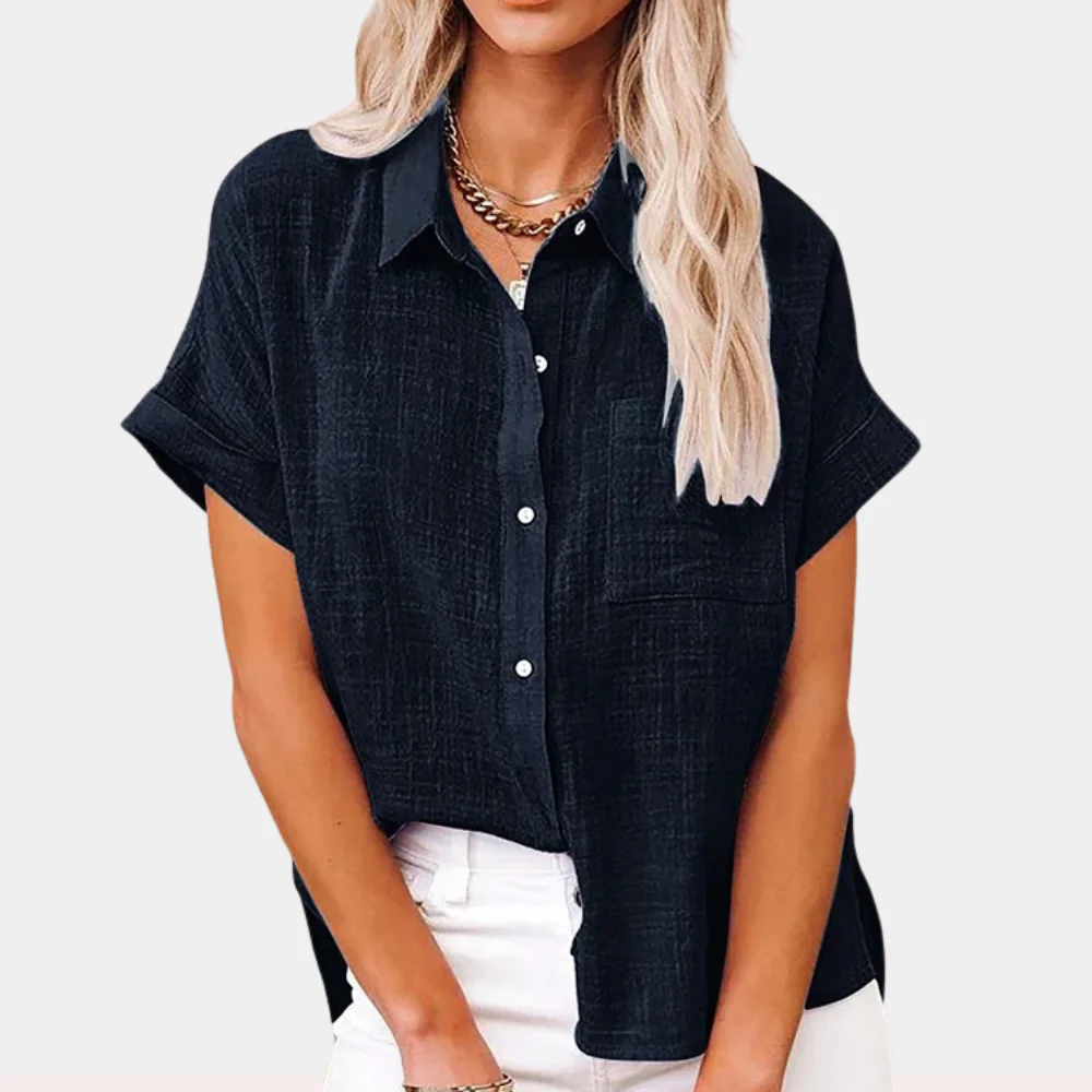 Chemisier en lin à manches courtes pour femmes - Chemise décontractée avec boutons