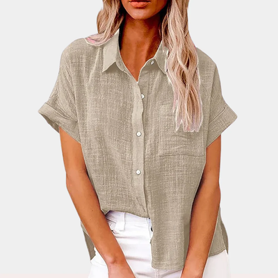 Chemisier en lin à manches courtes pour femmes - Chemise décontractée avec boutons