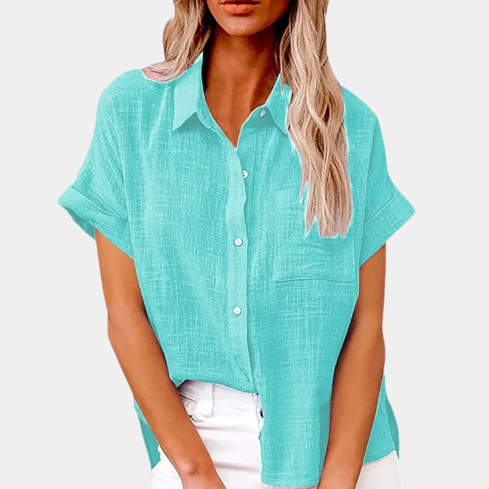 Chemisier en lin à manches courtes pour femmes - Chemise décontractée avec boutons