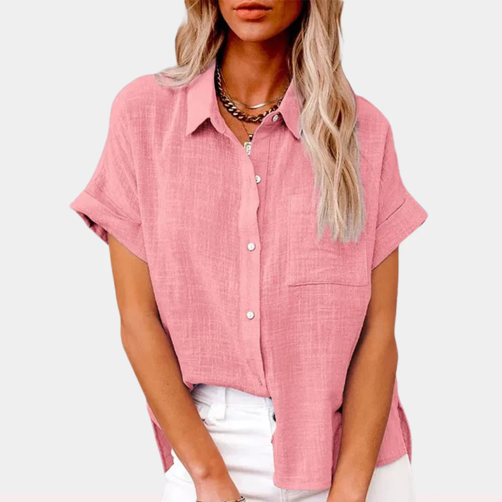 Chemisier en lin à manches courtes pour femmes - Chemise décontractée avec boutons
