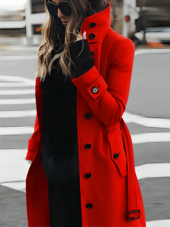 Manteau long femme – Coupe ajustée – Col montant – Double boutonnage – Ceinture