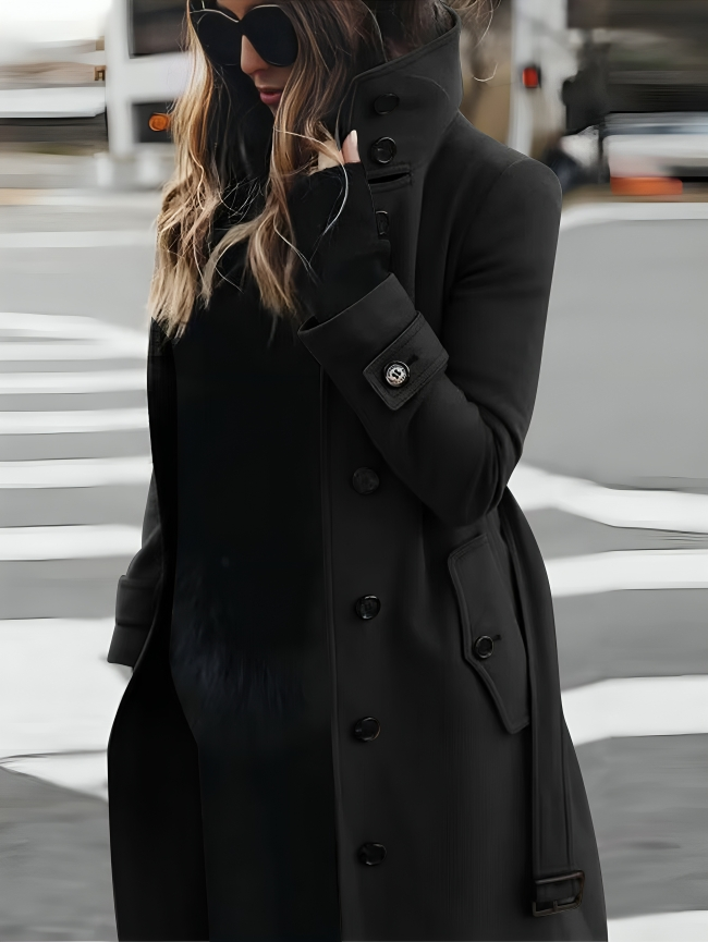 Manteau long femme – Coupe ajustée – Col montant – Double boutonnage – Ceinture