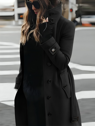 Manteau long femme – Coupe ajustée – Col montant – Double boutonnage – Ceinture