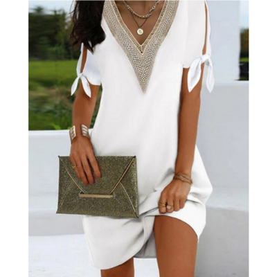 Robe Tunique Femme – Coupe Ample – Décolleté V Dentelle – Épaules Dénudées Nouées