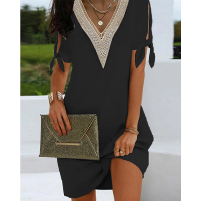 Robe Tunique Femme – Coupe Ample – Décolleté V Dentelle – Épaules Dénudées Nouées