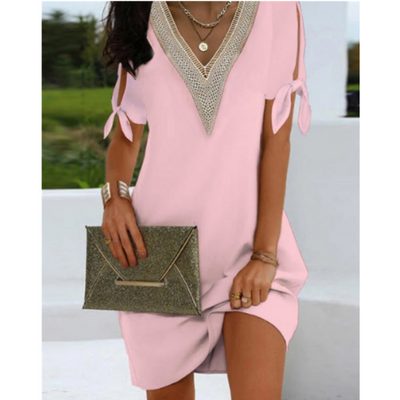 Robe Tunique Femme – Coupe Ample – Décolleté V Dentelle – Épaules Dénudées Nouées