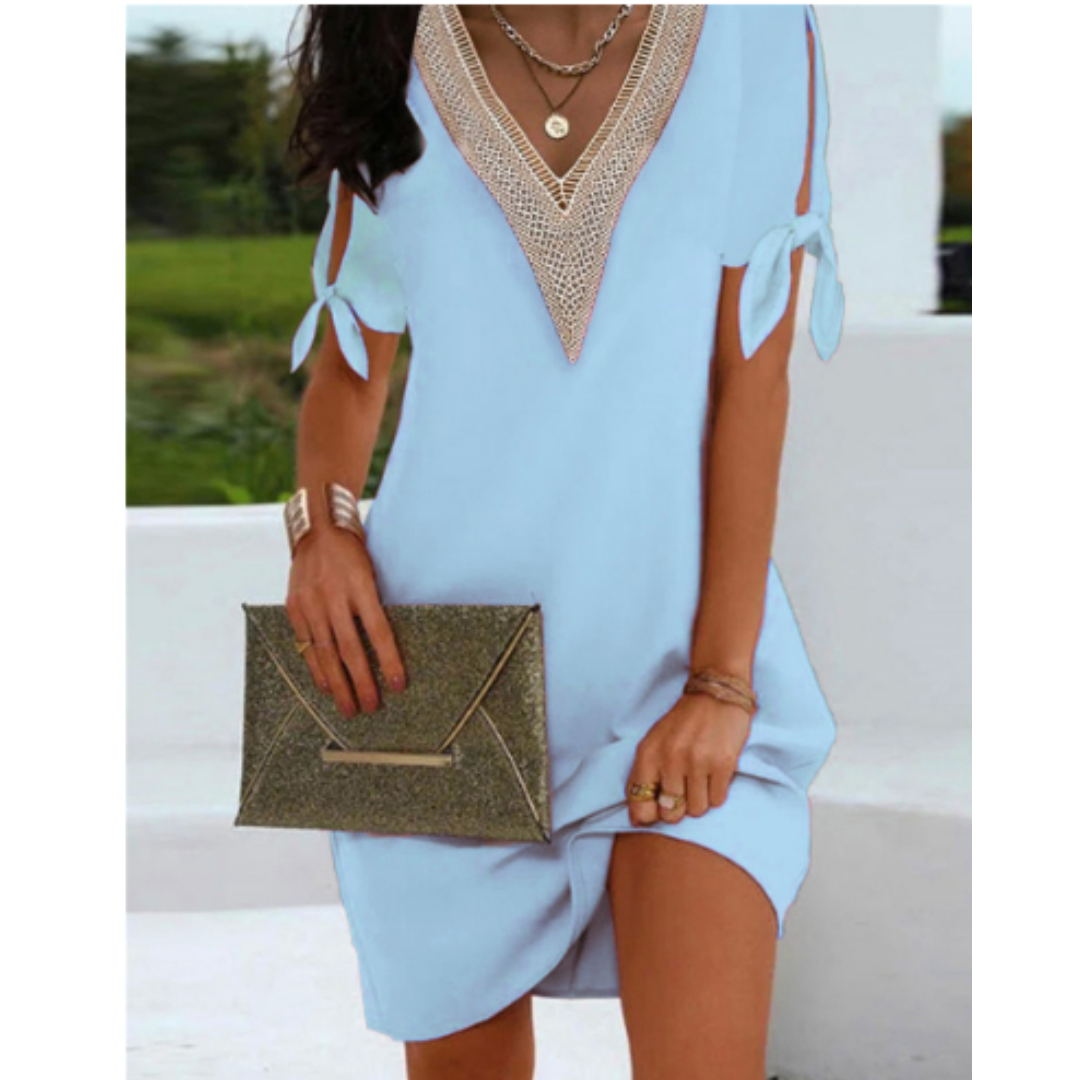 Robe Tunique Femme – Coupe Ample – Décolleté V Dentelle – Épaules Dénudées Nouées