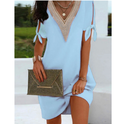 Robe Tunique Femme – Coupe Ample – Décolleté V Dentelle – Épaules Dénudées Nouées