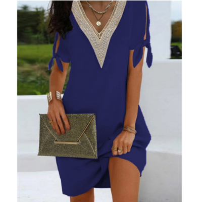 Robe Tunique Femme – Coupe Ample – Décolleté V Dentelle – Épaules Dénudées Nouées