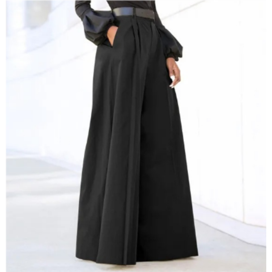 Pantalon large femme – Taille haute – Coupe ample – Tissu fluide respirant – Devant plissé