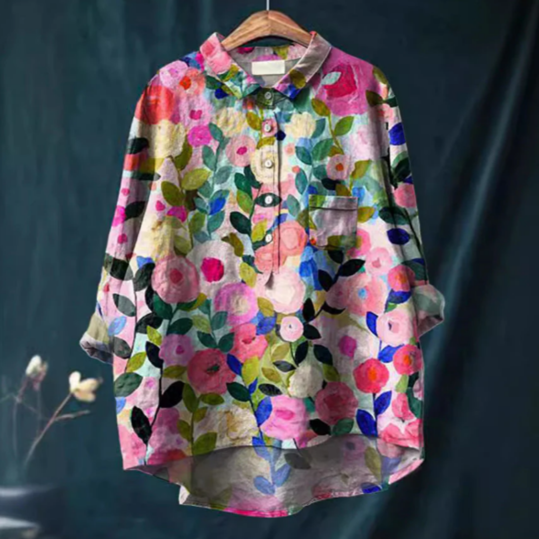 Blouse femme – Coupe décontractée – Fibres naturelles respirantes – Imprimé floral – Manches longues – Patte boutonnée – Col classique