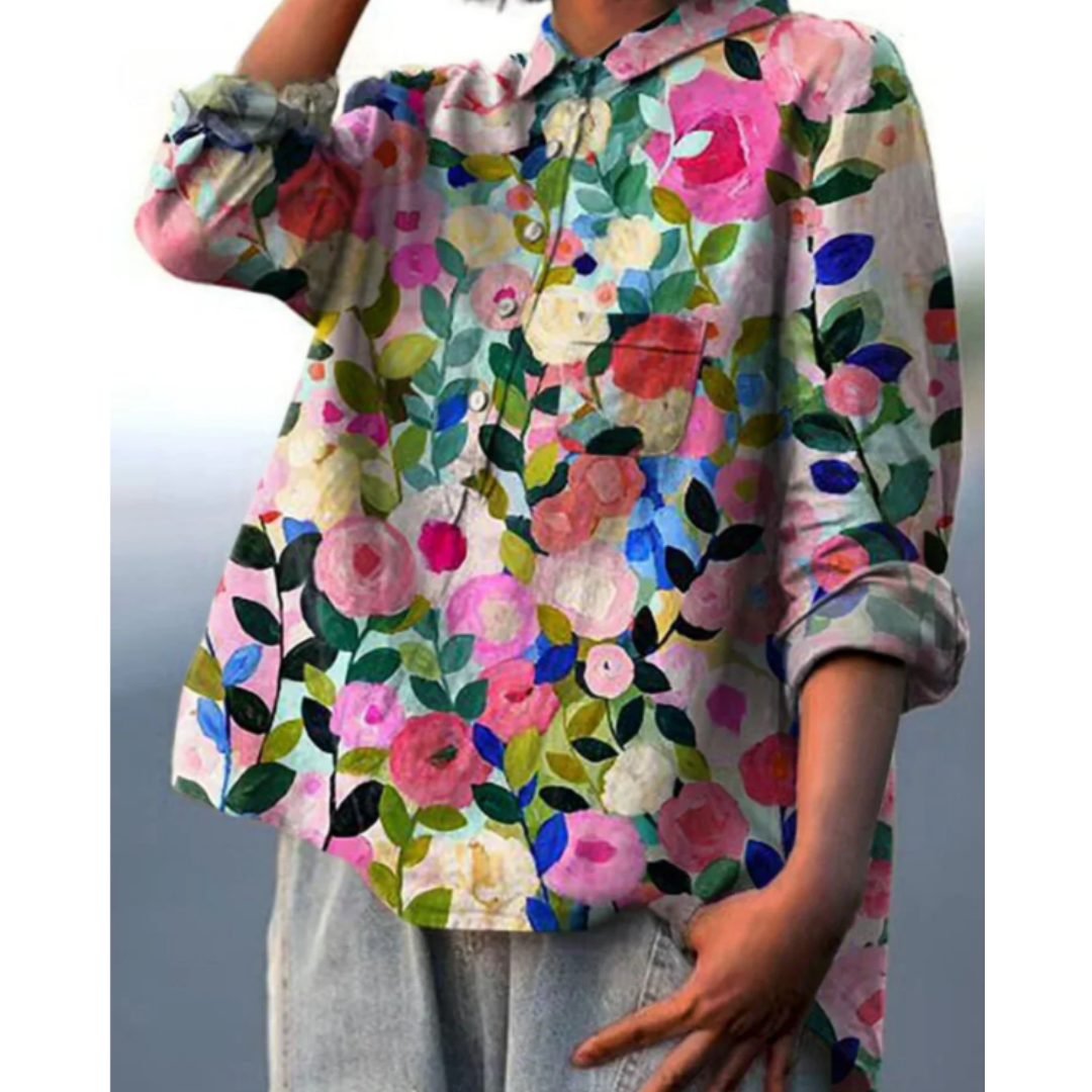 Blouse femme – Coupe décontractée – Fibres naturelles respirantes – Imprimé floral – Manches longues – Patte boutonnée – Col classique