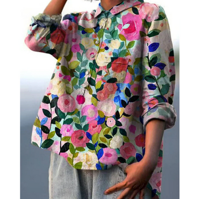 Blouse femme – Coupe décontractée – Fibres naturelles respirantes – Imprimé floral – Manches longues – Patte boutonnée – Col classique