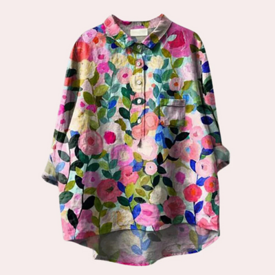 Blouse femme – Coupe décontractée – Fibres naturelles respirantes – Imprimé floral – Manches longues – Patte boutonnée – Col classique