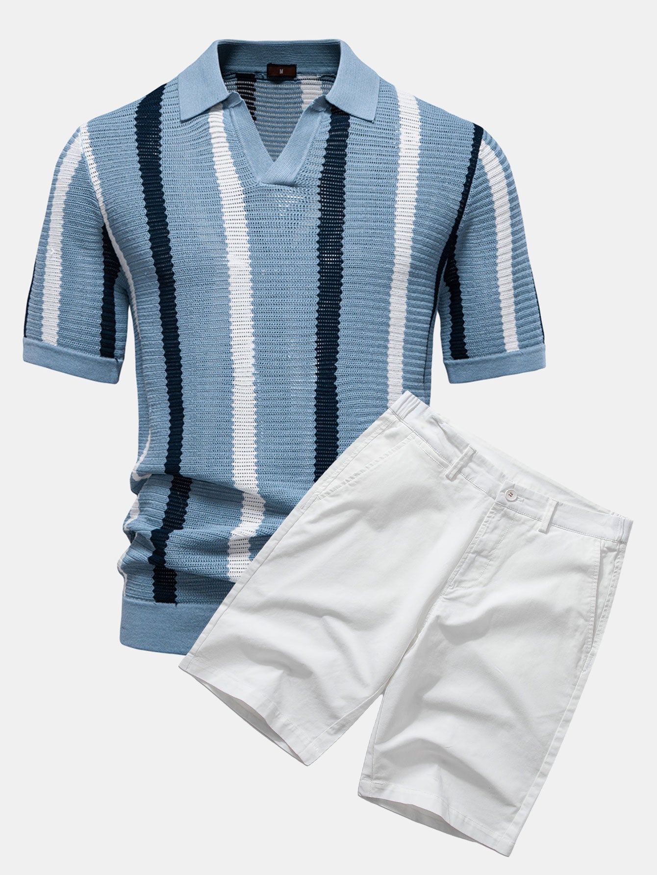 Ensemble Polo Rayé en Maille à Col en V & Short Chino en Coton