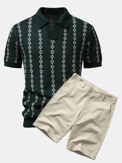 Polo en Maille Géométrique à Col en V & Short Chino en Coton